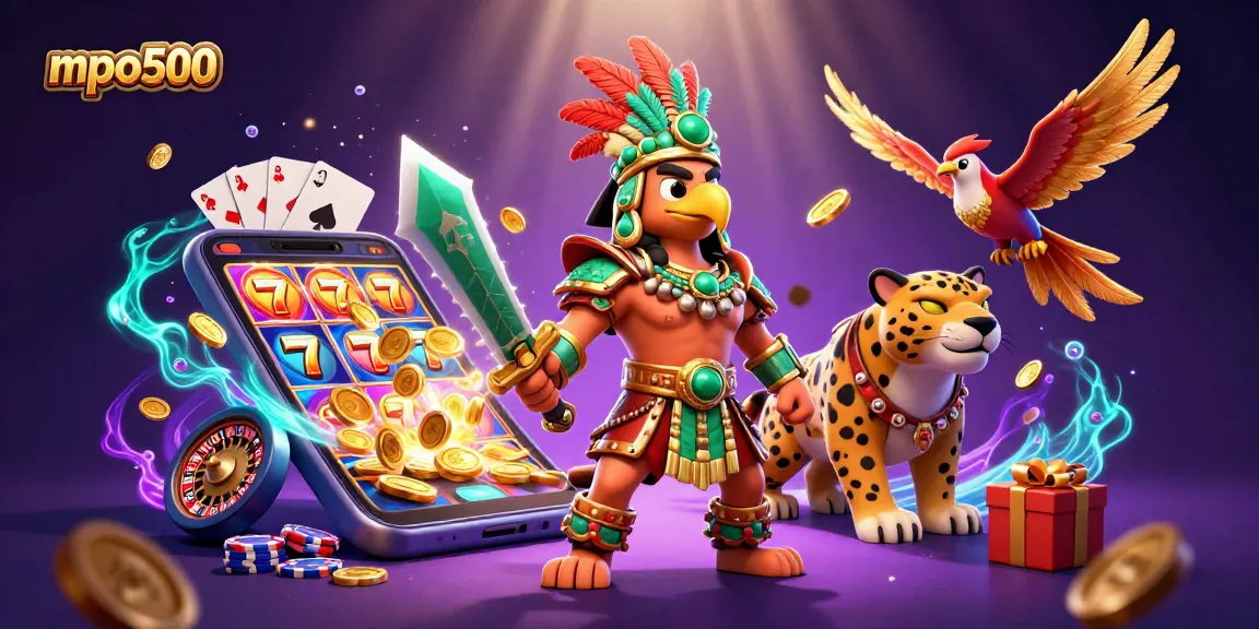Engage with mpo500 as the Aztec warrior and jaguar, surrounded by dynamic casino elements.