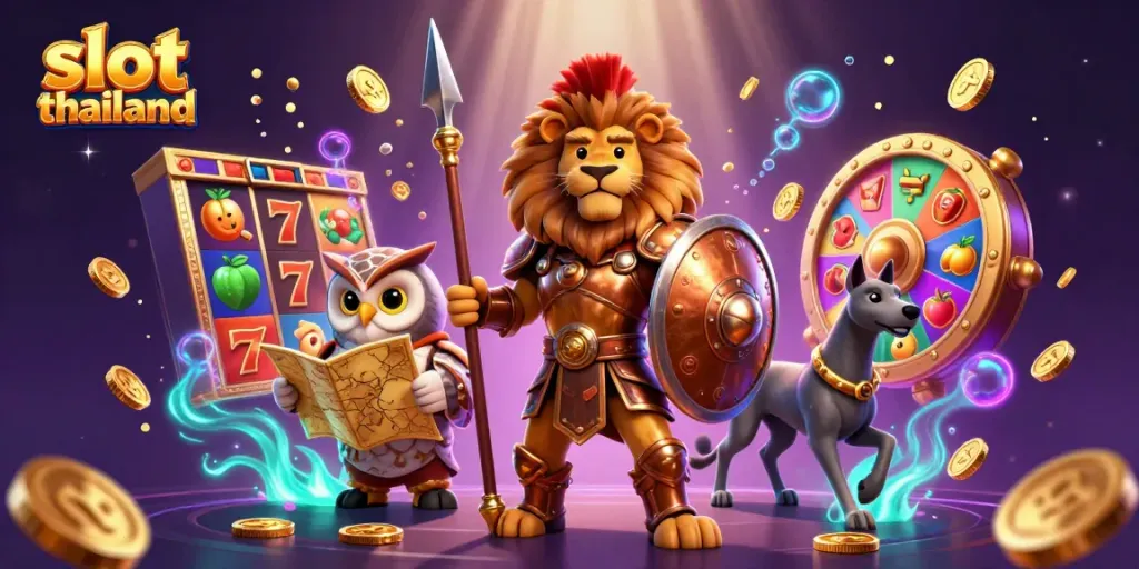 Experience thrilling gameplay in slot thailand with a heroic Spartan lion, owl strategist, and swift greyhound amidst dynamic casino elements.