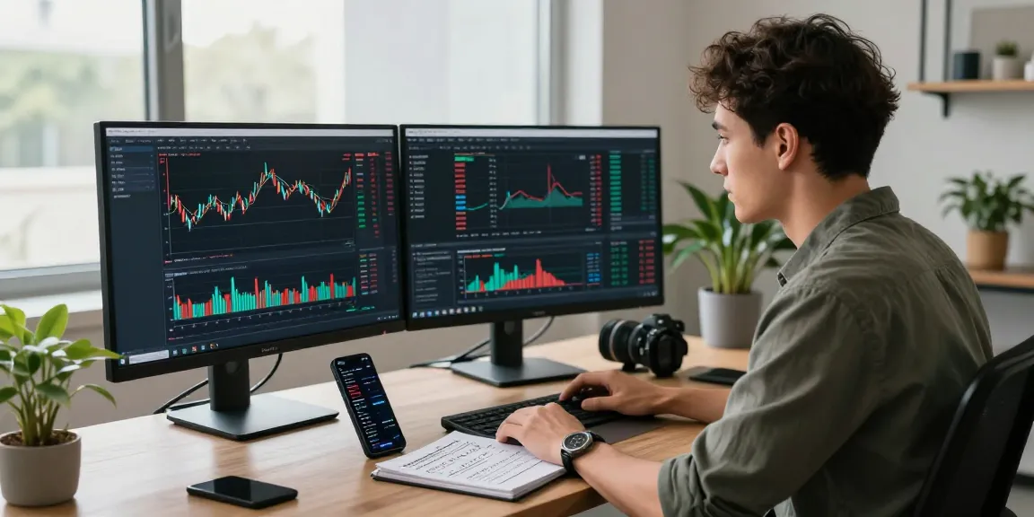 Expert analyzing crypto trends in home office, showcasing https://crypto-reviews.ru/okx-v-kazahstane/ with dual monitors and trading tools