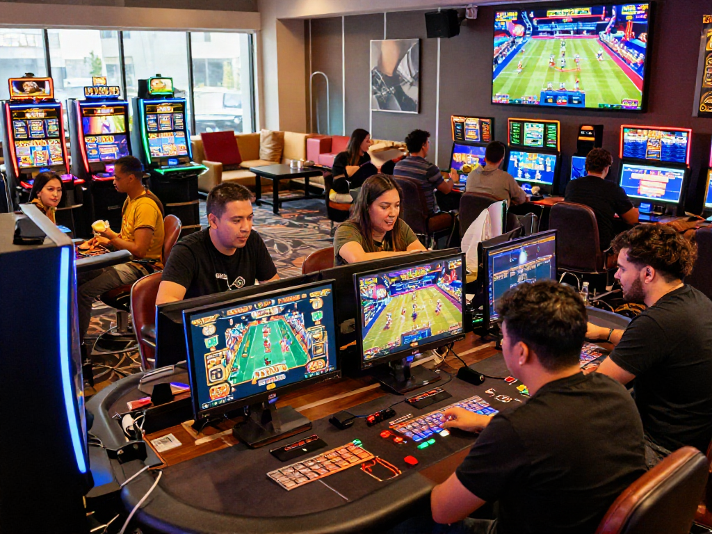 situs casino online gathering with players engaged at gaming tables and slots, lively atmosphere with colorful lights