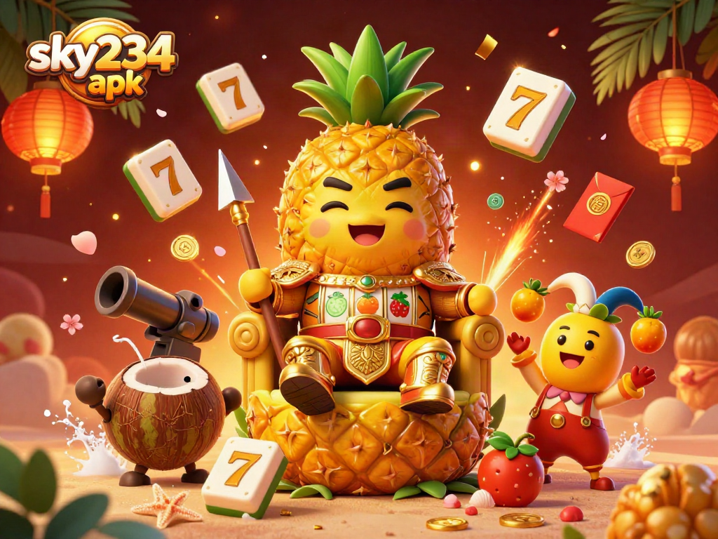 Enjoy sky234 apk as the golden pineapple king rules the vibrant beach casino with slot reels and jester fun.