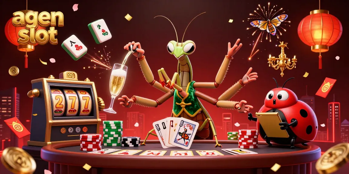 Engage with the vibrant agen slot scene of a giant praying mantis card sharp and ladybug pit boss at work in a colorful casino with dynamic gold elements.