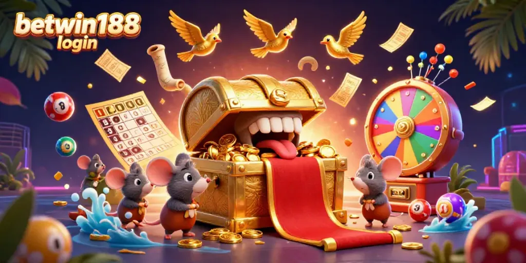 Menemukan betwin188 login dengan cepat, ilustrasi 3D menarik berisi peti harta dan bola lotere berwarna.