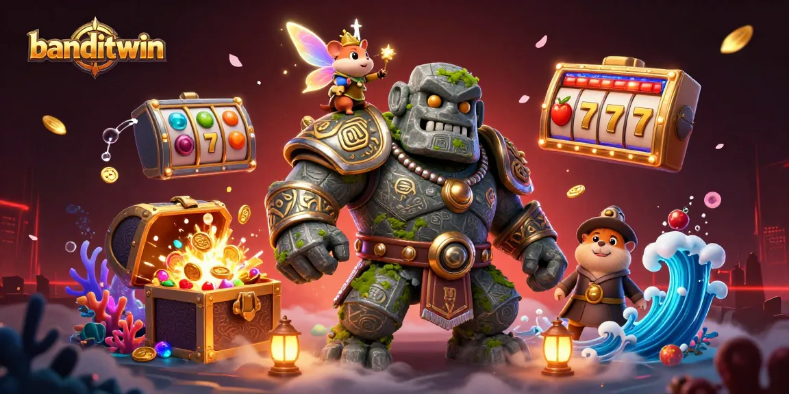 Banditwin menghadirkan suasana kasino yang kaya dengan golem kuno dan magis, di tengah harta karun dan simbol slot.