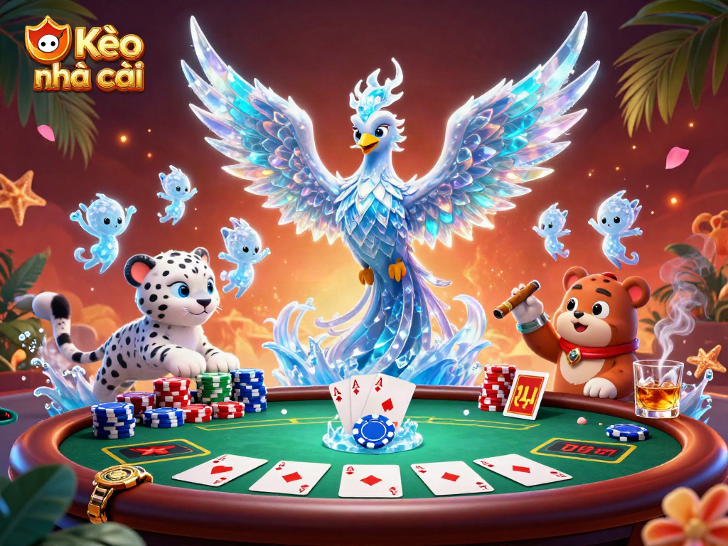 Engage with Kèo nhà cái's vibrant gaming scene featuring a mystical ice phoenix and energetic poker elements.