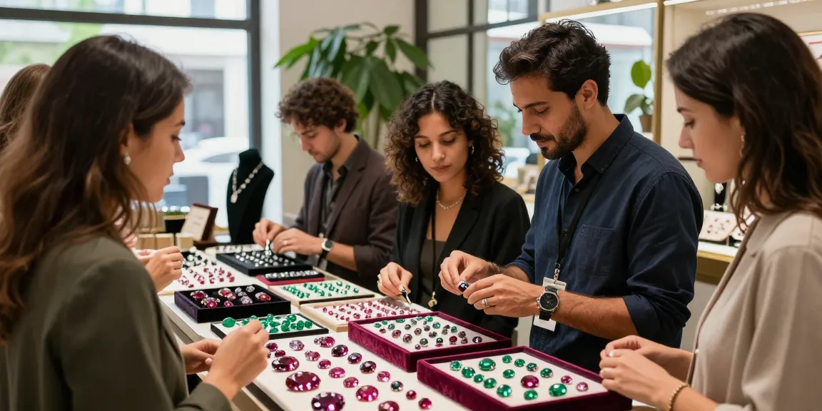 Shoppers exploring quality gemstones at https://www.mygemspot.com in an elegant retail setting.