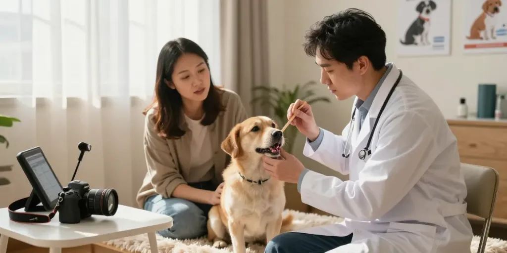 A veterinarian examining a dog with skin tags around a dog's mouth in a warm home setting, showcasing pet care and veterinary professionalism.