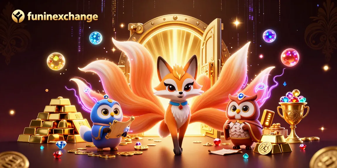 Engage with funinexchange's vibrant 3D illustration featuring magical characters amidst treasure and gaming elements.