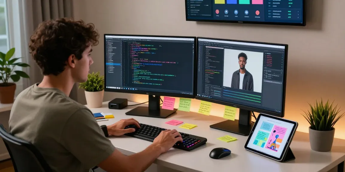 NSFW AI workspace featuring developer coding dynamic adult content algorithms with dual screens.
