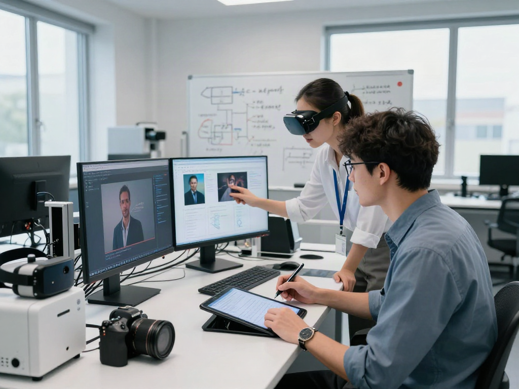 AI Image Detection analysis in a modern lab, scientists evaluating discrepancies in images on high-res monitors.