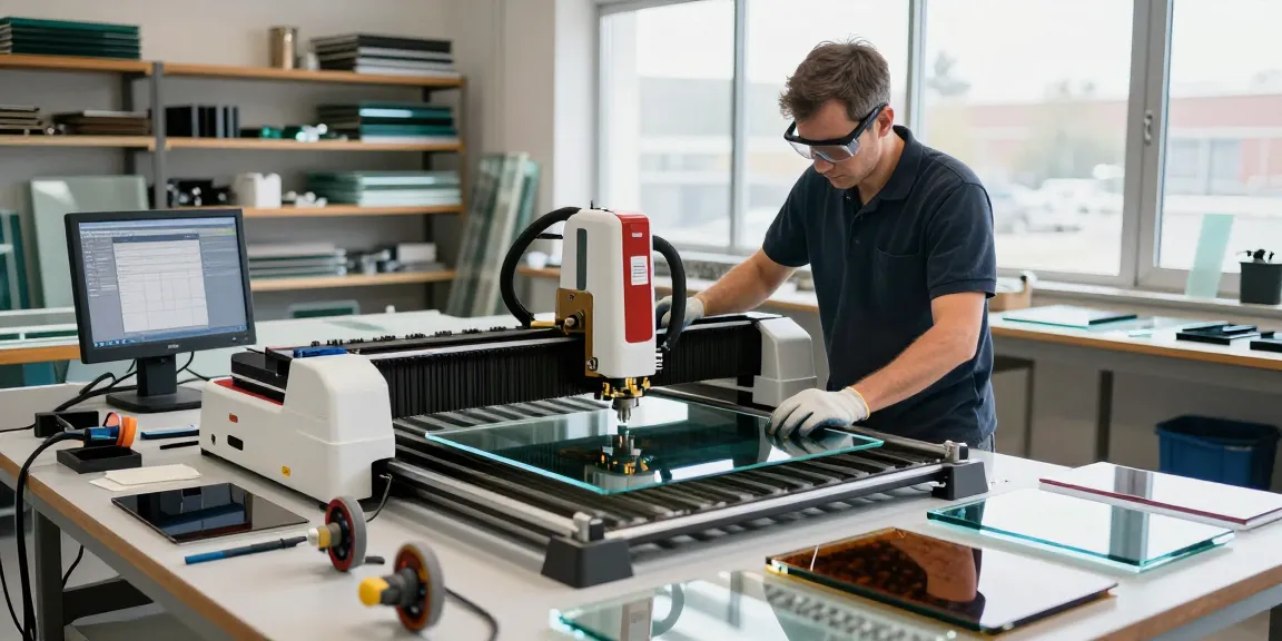 Technician using a glass cutting machine in a well-lit workshop with various glass types.