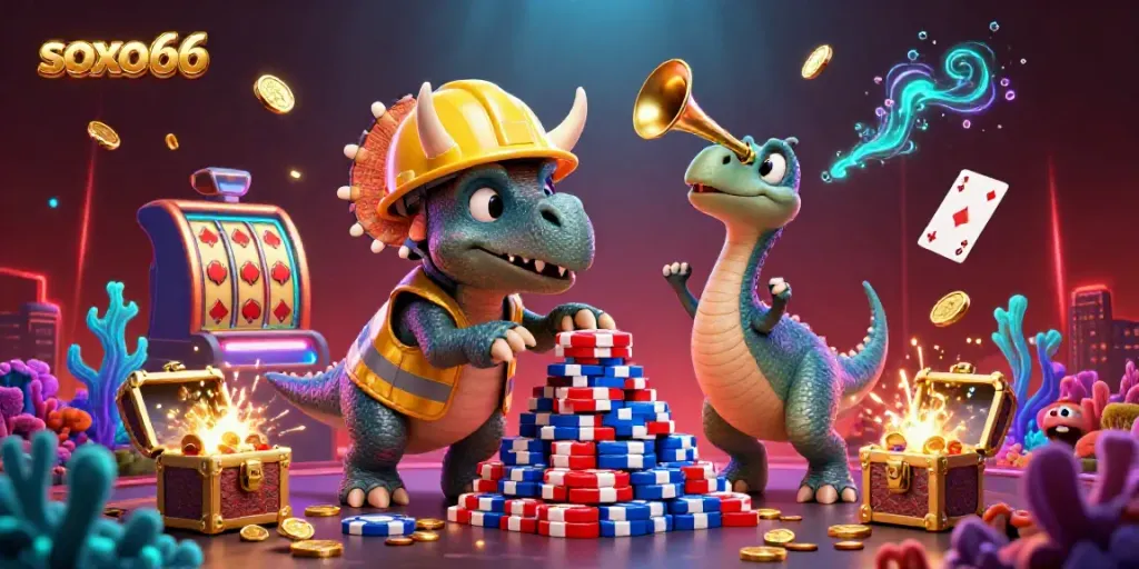 Experience the excitement of soxo66 with a dynamic casino scene featuring colorful characters and vibrant game elements.