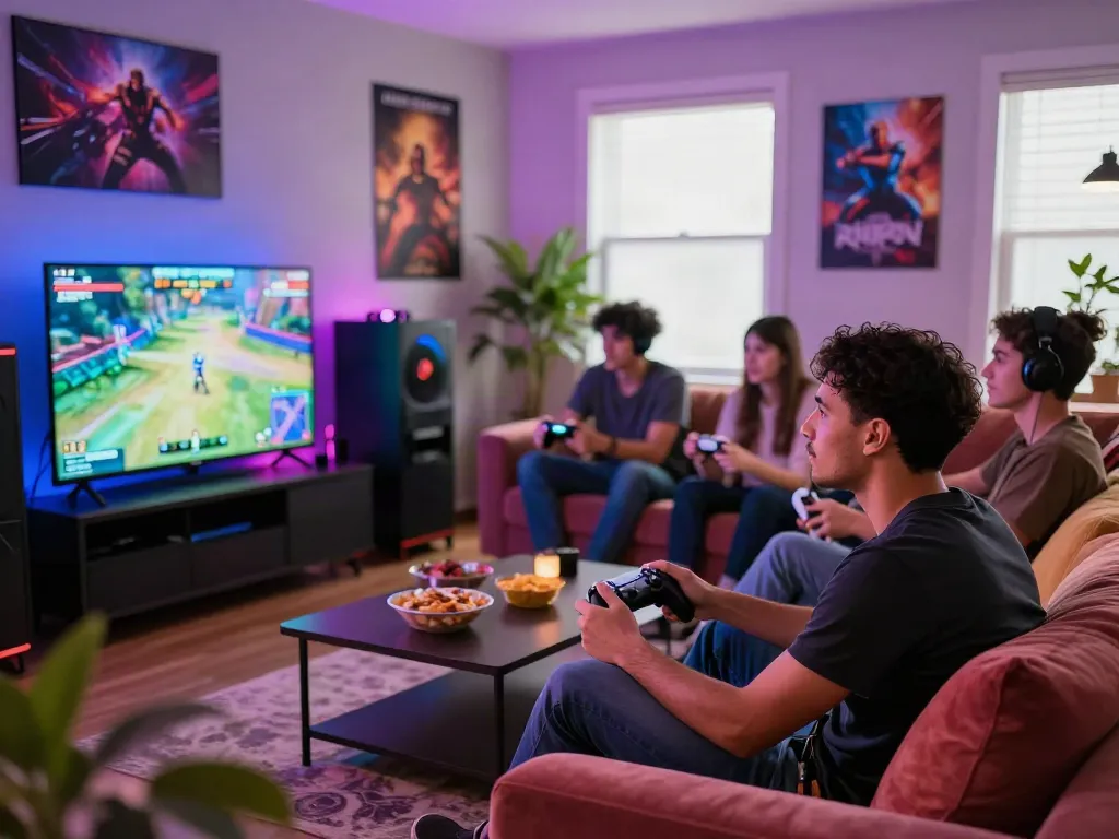 Friends engaging in multiplayer gaming in a vibrant gaming lounge with rokok88 branding.