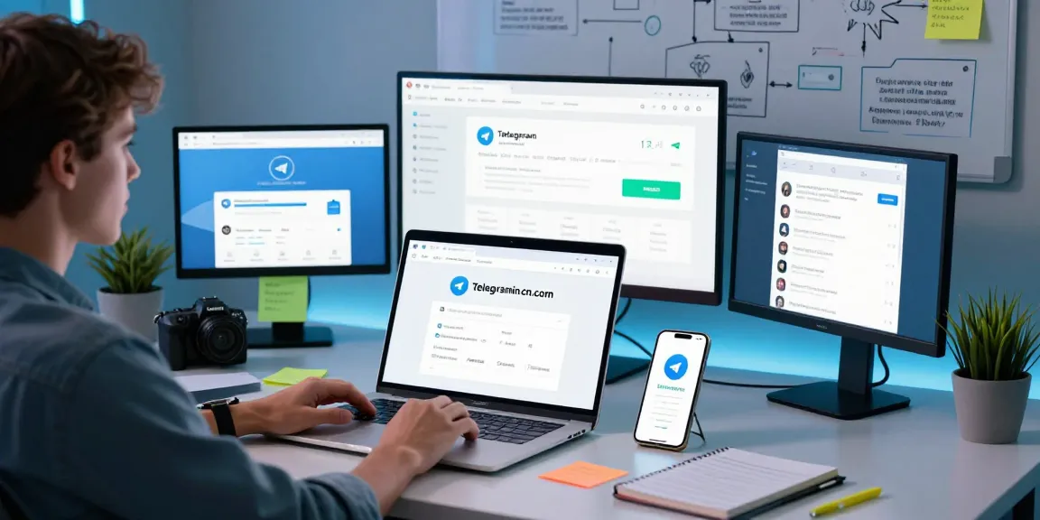 Interactive workspace showcasing telegramin-cn.com features, highlighting messaging and privacy.