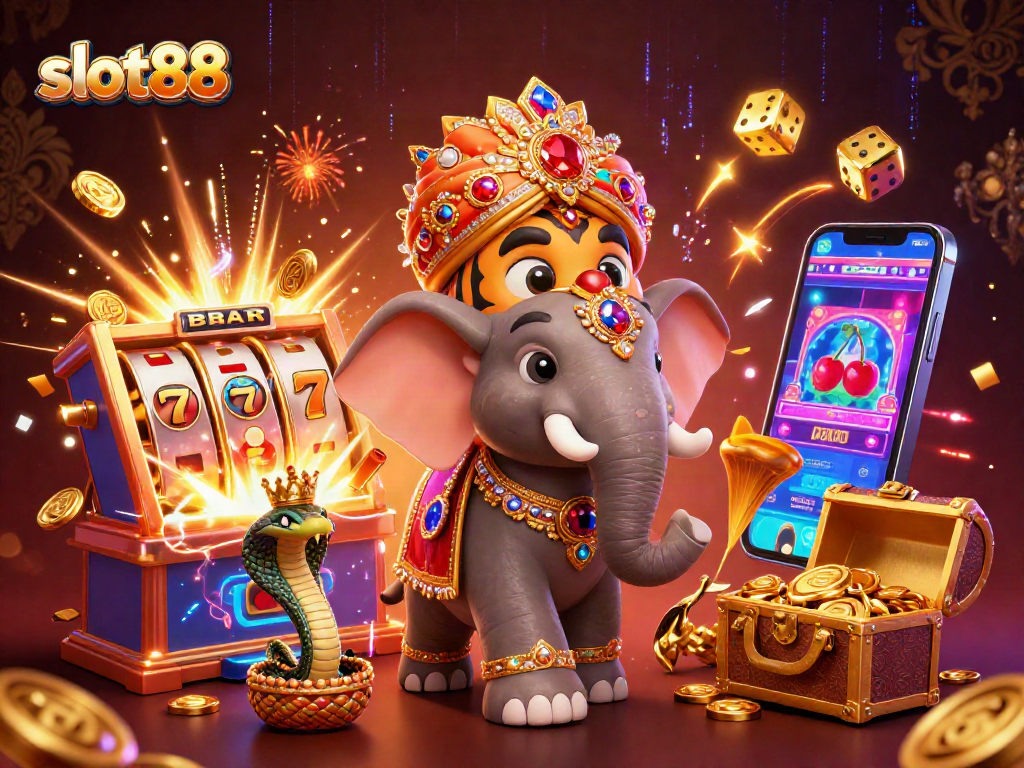Experience the excitement of slot88 with a vivid scene of jackpot winning moments and casino elements.