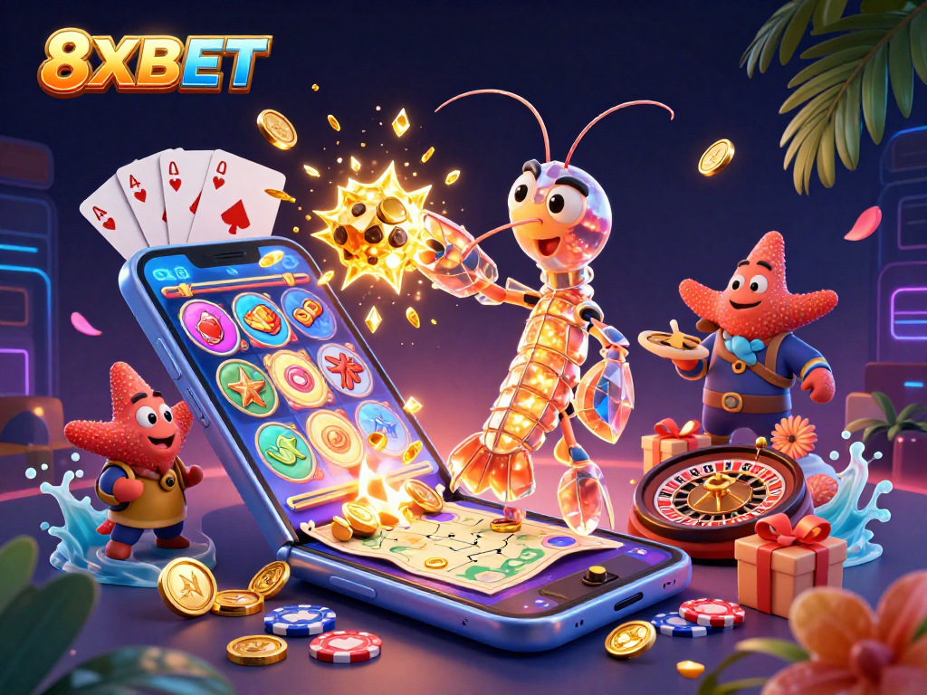 Experience dynamic gaming action with 8XBET as a mantis shrimp conquers asteroids in this vibrant illustration.