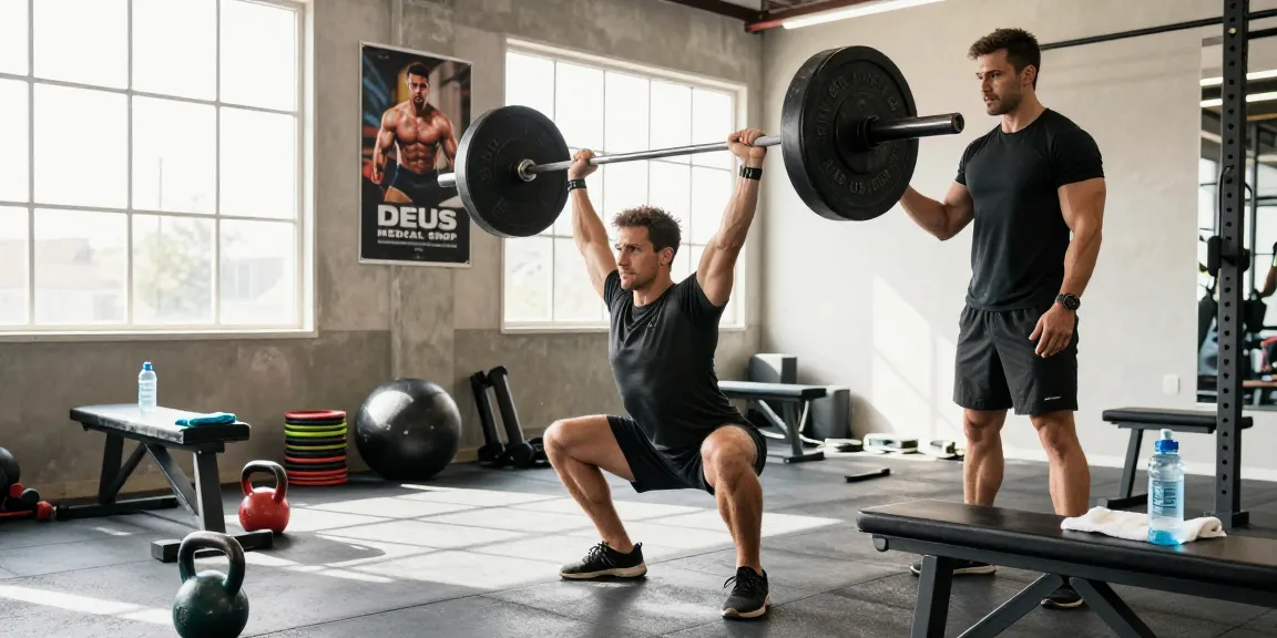 Strong athlete lifting weights in a dynamic gym environment, showcasing dedication and focus while representing Deus Medical Shop.