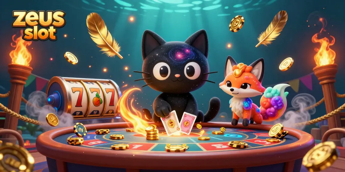 Play the zeus slot with vibrant cosmic art, featuring a black hole cat and a nebula fox in a money-filled casino.