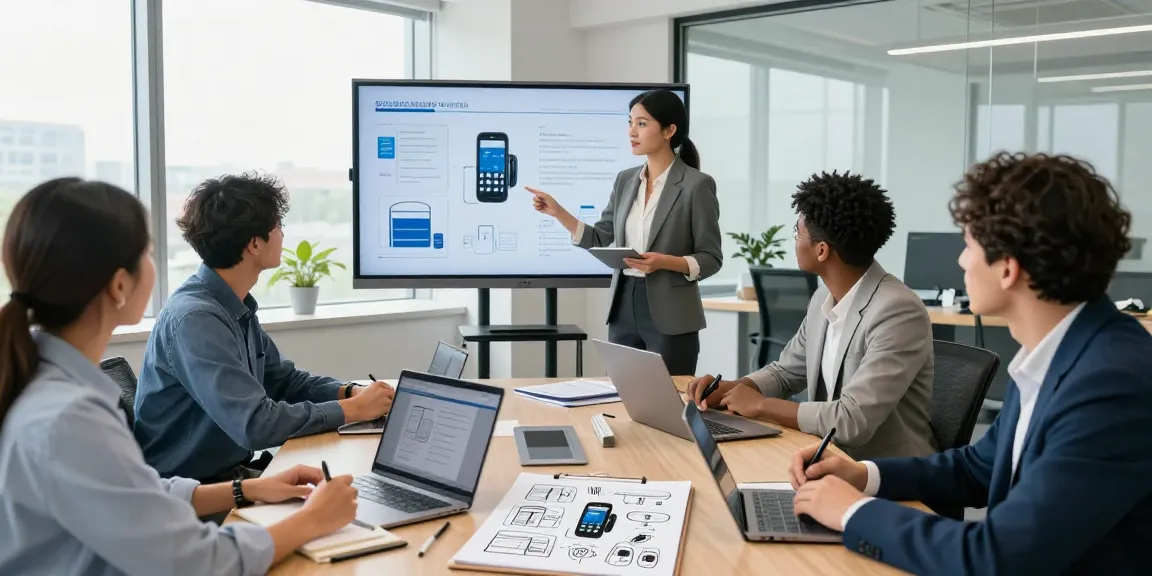 Business professionals discussing טלפוניה לעסק solutions in a modern office environment, showcasing collaboration and innovative strategies.