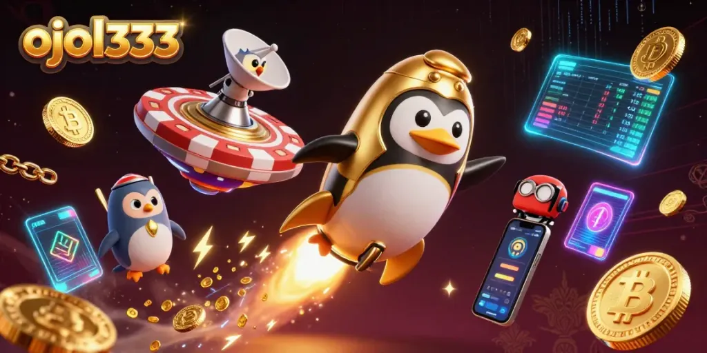 Spin to win with ojol333 in a vibrant 3D illustration of a golden penguin and crypto elements.