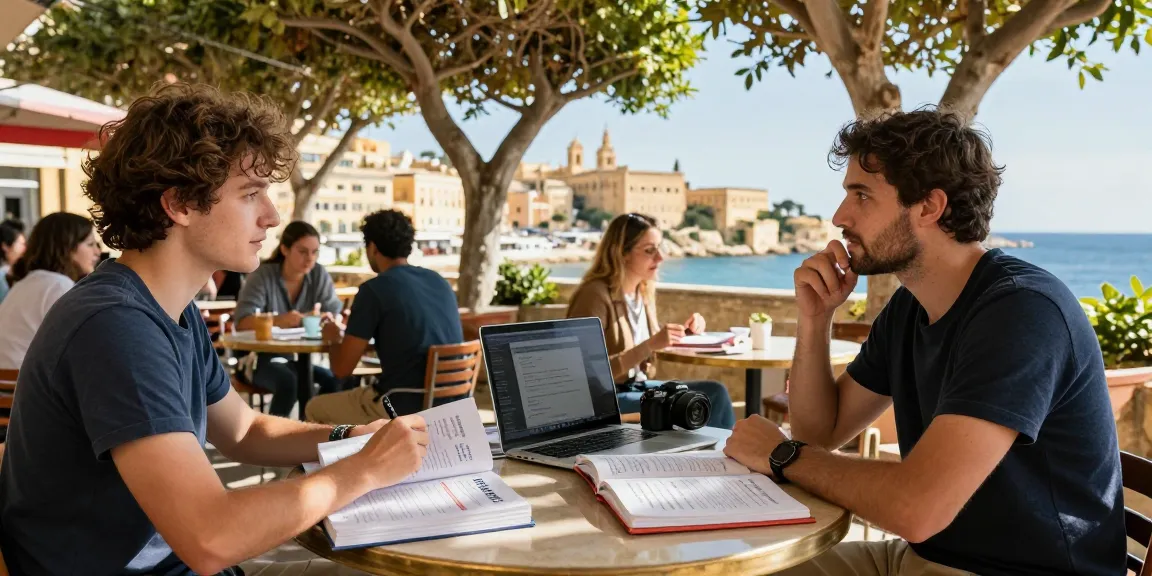 Cursos de inglés en Malta - Estudiante estudiando inglés al aire libre en un vibrante café maltés.