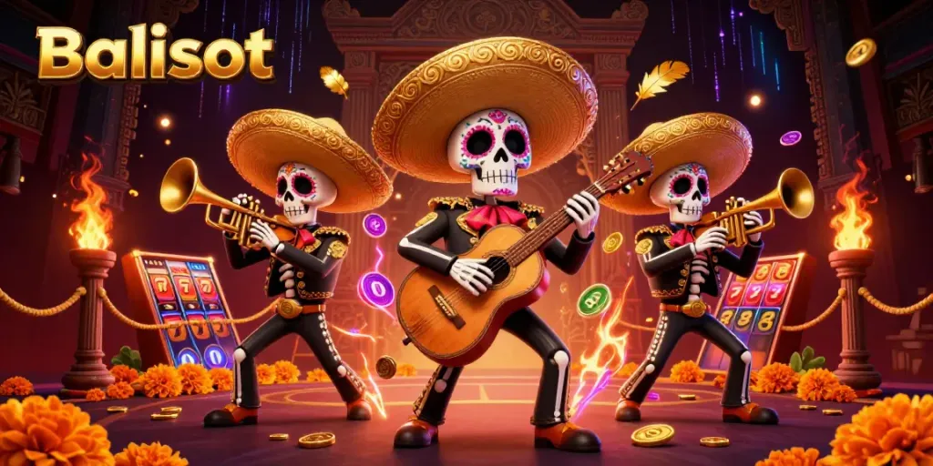 Experience thrilling action with Balislot's vibrant 3D illustration of a mariachi band and casino elements.