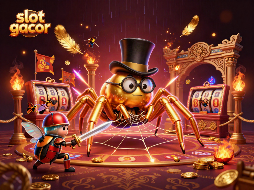 Experience thrilling slot gacor action with a vibrant battle between a golden tarantula and a beetle knight.