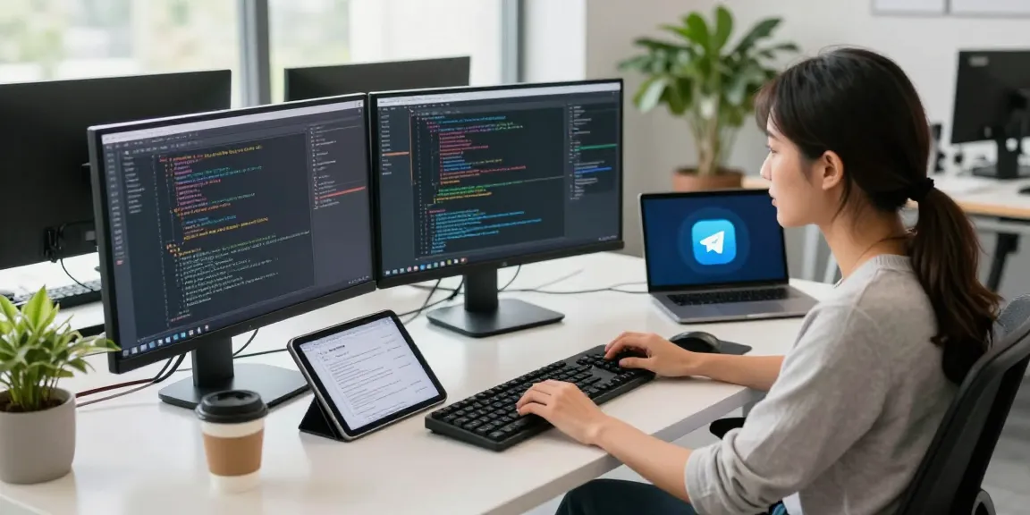 Modern workspace with a developer coding on Telegram app, representing 纸飞机中文版.