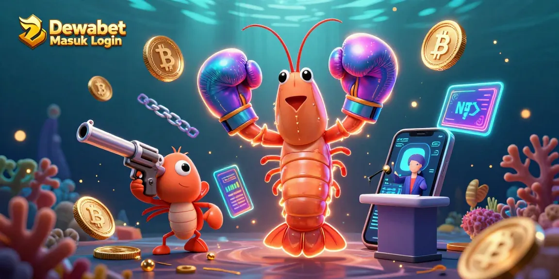 Dewabet Masuk Login features a vibrant 3D scene with a mantis shrimp boxer and crypto elements