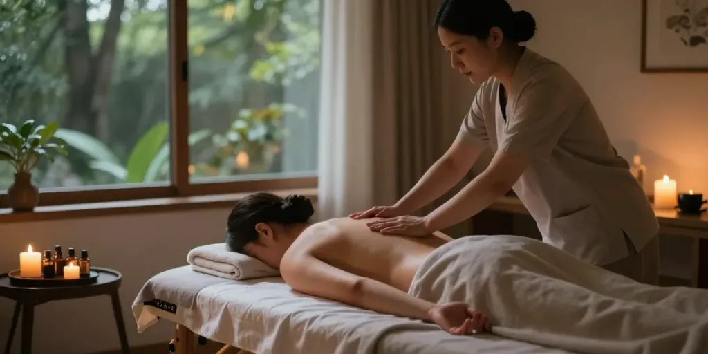 Relaxing home massage therapy session with soothing ambiance for 구리출장안마.