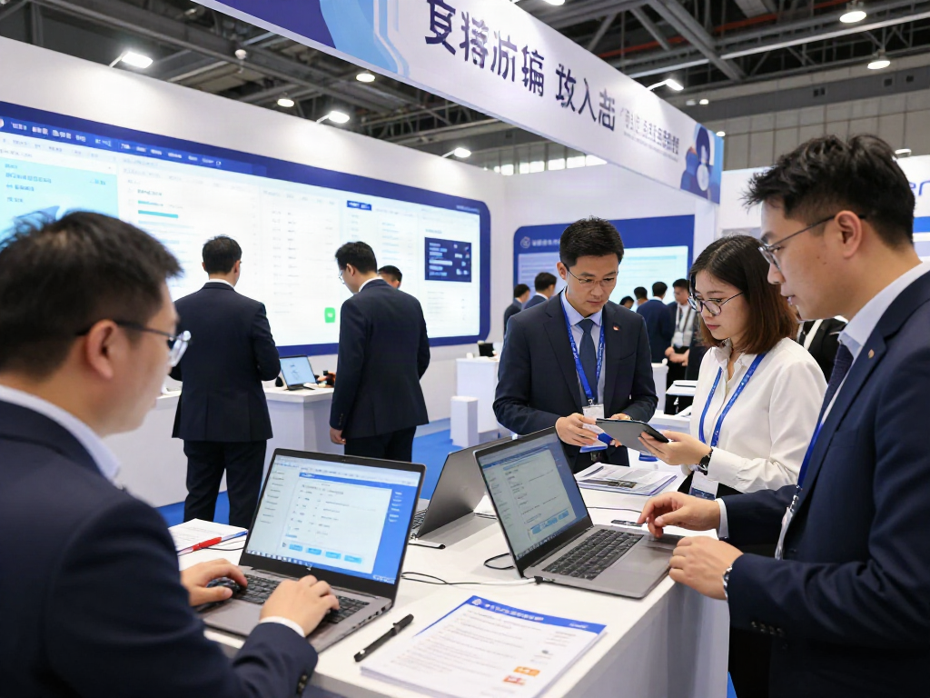 Professionals engaging at a business tech conference about document fraud detection solutions.