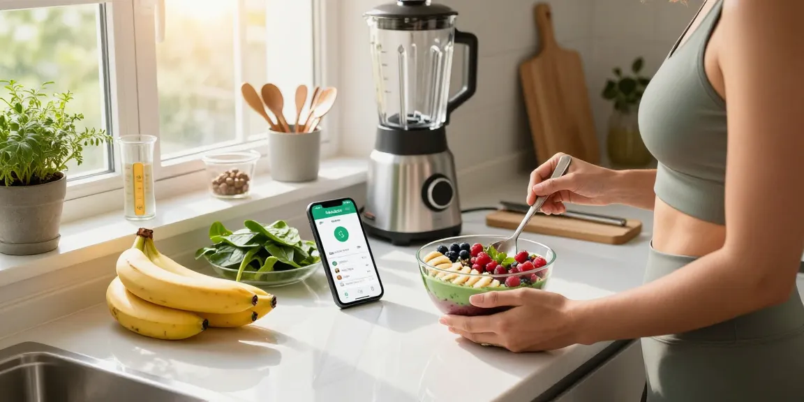 Preparing a smoothie bowl using the best calorie tracker app for nutrition.