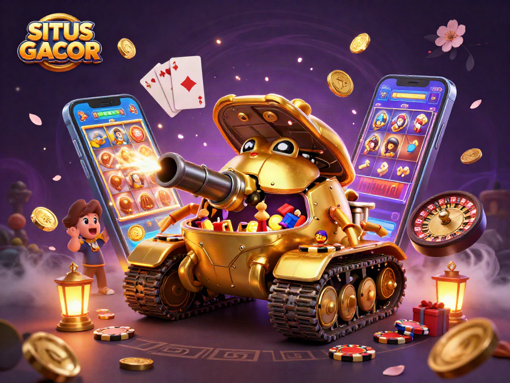 SITUS GACOR showcases a vibrant 3D casino scene with golden beetles, slot games, and exciting games