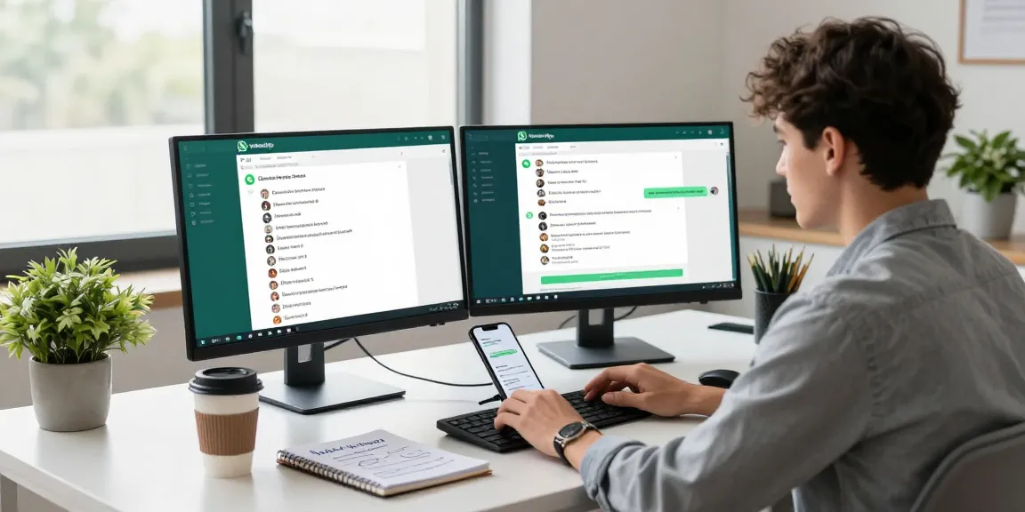 Young professional using WhatsApp網頁版 on a modern desktop setup, showcasing vibrant chat interface and productive atmosphere.