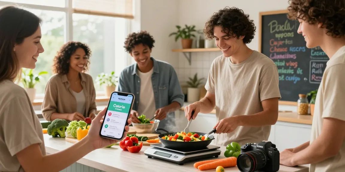 Friends cooking together with the best nutrition app on a smartphone, showcasing healthy meal prep in a bright kitchen.