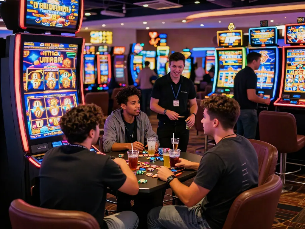 Excited players celebrating a slot jackpot win in a vibrant casino atmosphere with flashing lights and modern slot machines.