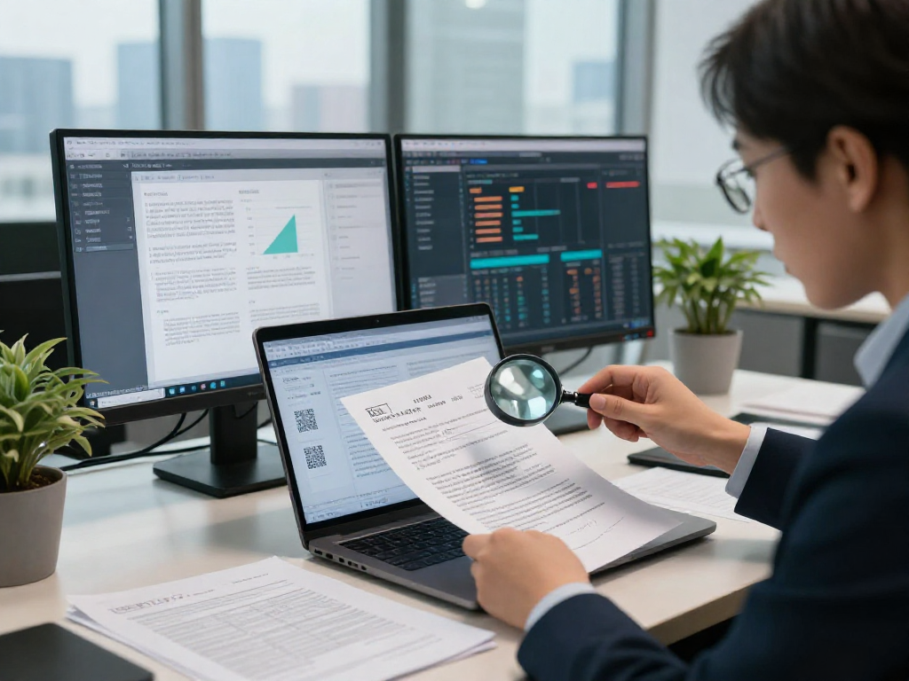 Compliance officer performing document fraud detection analysis in a professional office setting