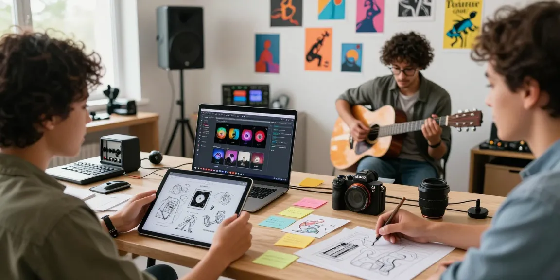 Using a music artwork API in a vibrant studio with diverse musicians creating album art.