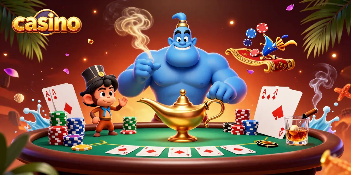 Engage with the dynamic casino scene featuring a genie, poker chips, and vibrant game elements.