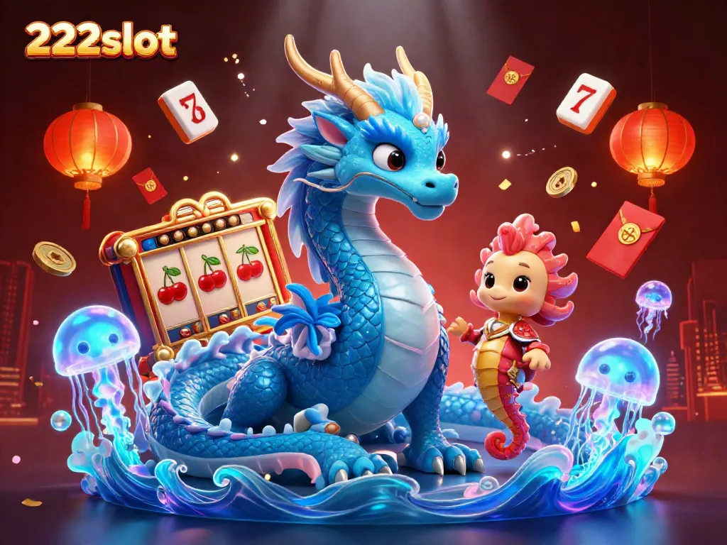 Permainan slot 222slot dengan naga air berwarna biru dan ikan seahorse, dikelilingi elemen kasino yang meriah.