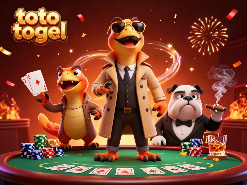 Three raptors in a trench coat sneak into a VIP casino lounge while showcasing their poker skills in a vibrant scene, highlighting toto togel.