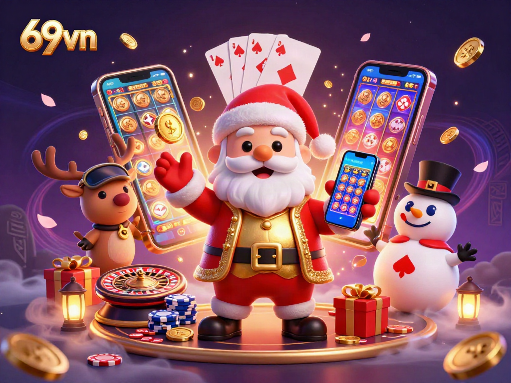 Experience the excitement of 69vn with Santa and friends in a vibrant 3D casino scene.