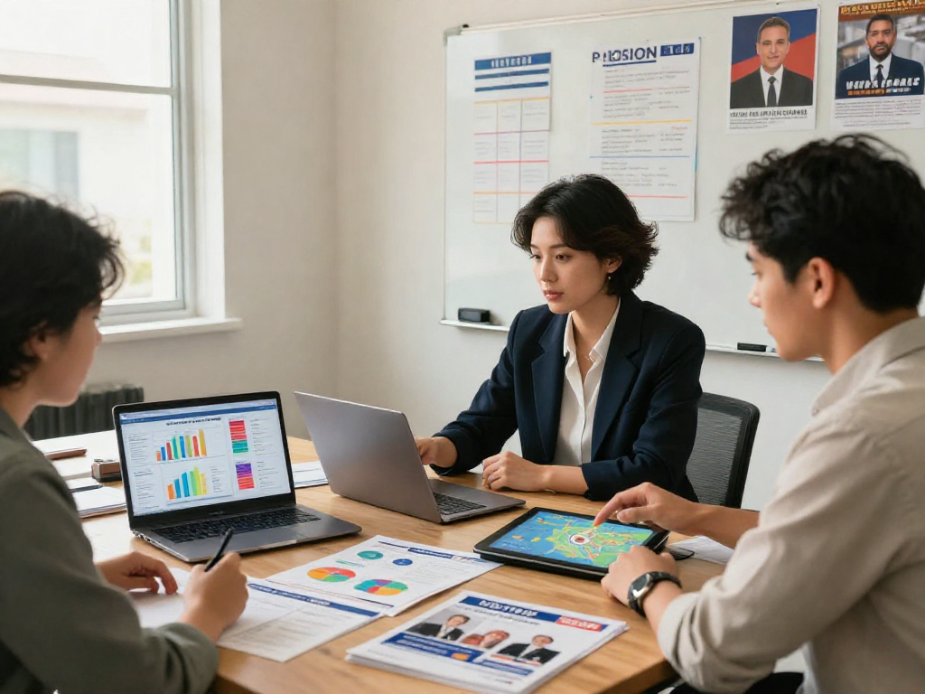 Engaging in digital advertising for political campaigns with data-driven strategies and marketing materials.