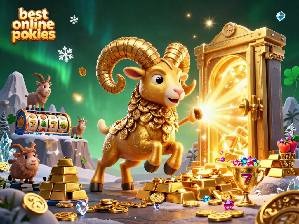 Engage with the best online pokies in a vibrant, golden 3D casino scene filled with slot reels and treasures.