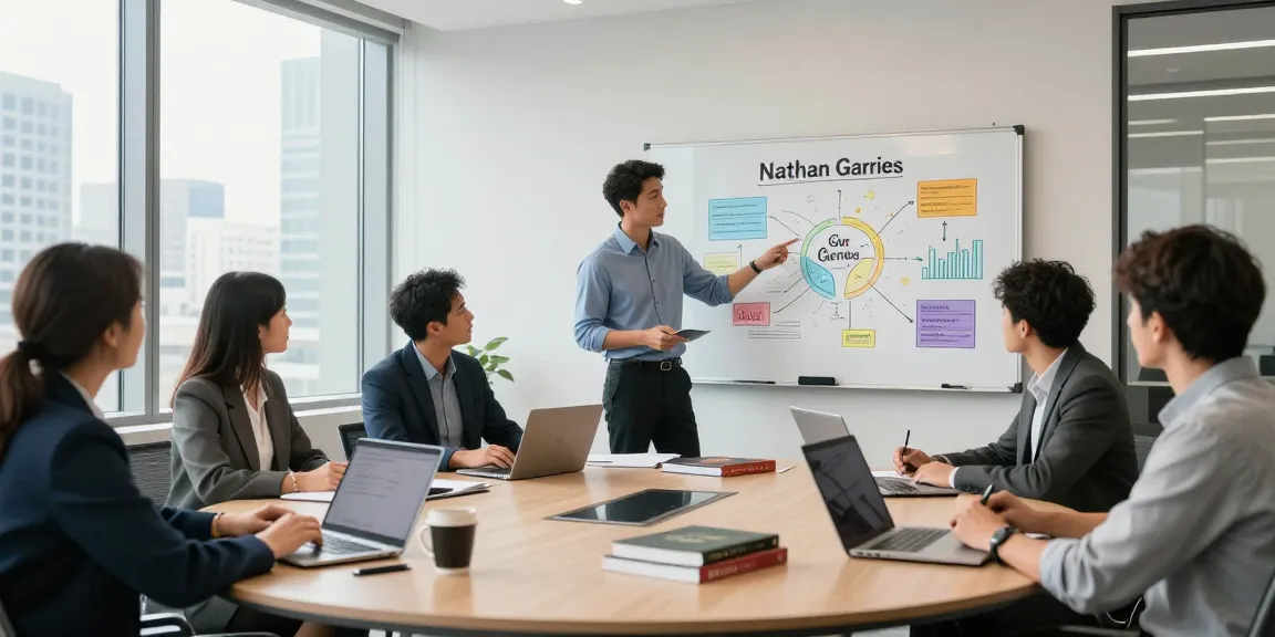 Nathan Garries leading a branding strategy meeting with a diverse team in a modern office.