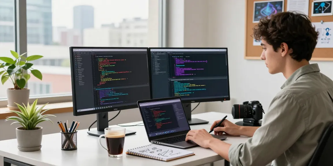 Developer working at telegraimin.com coding desk with dual monitors and city view