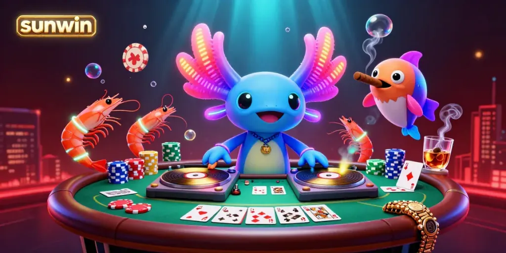 Experience thrilling action with the sunwin casino's lively DJ axolotl spinning records, vibrant poker scene.