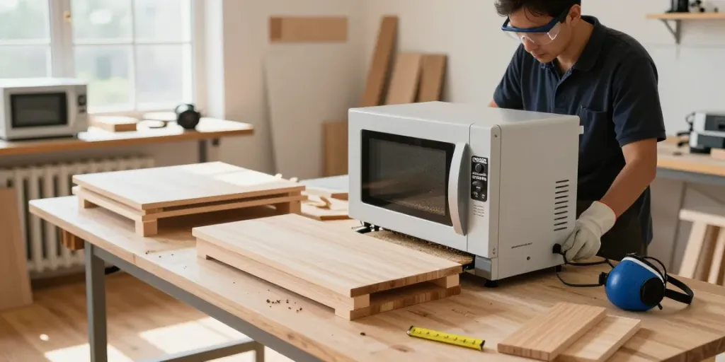 SHASHEL® wood treatment technician using microwave equipment in a workshop.