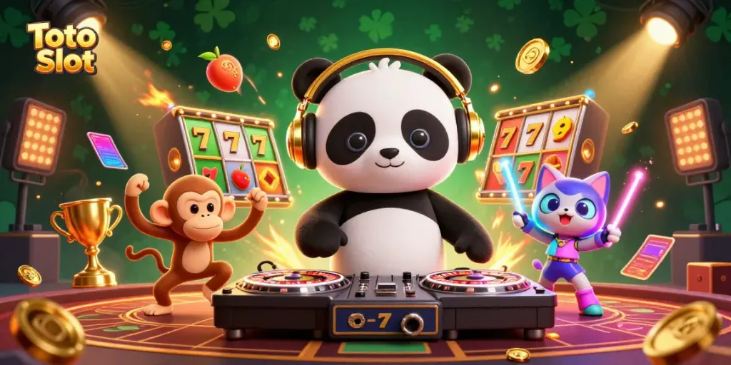 Grafik meriah Toto Slot menampilkan panda DJ, monyet menari, dan kucing dengan glow-stick, dengan slot reel dan simbol keberuntungan di latar belakang.