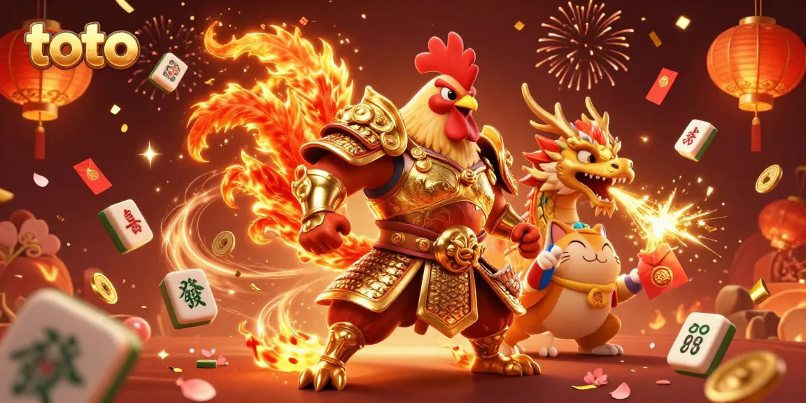 Toto menawarkan visual dinamis dengan ayam petarung berkekuatan 3D dan naga, dikelilingi elemen perayaan seperti koin jade dan lampion.